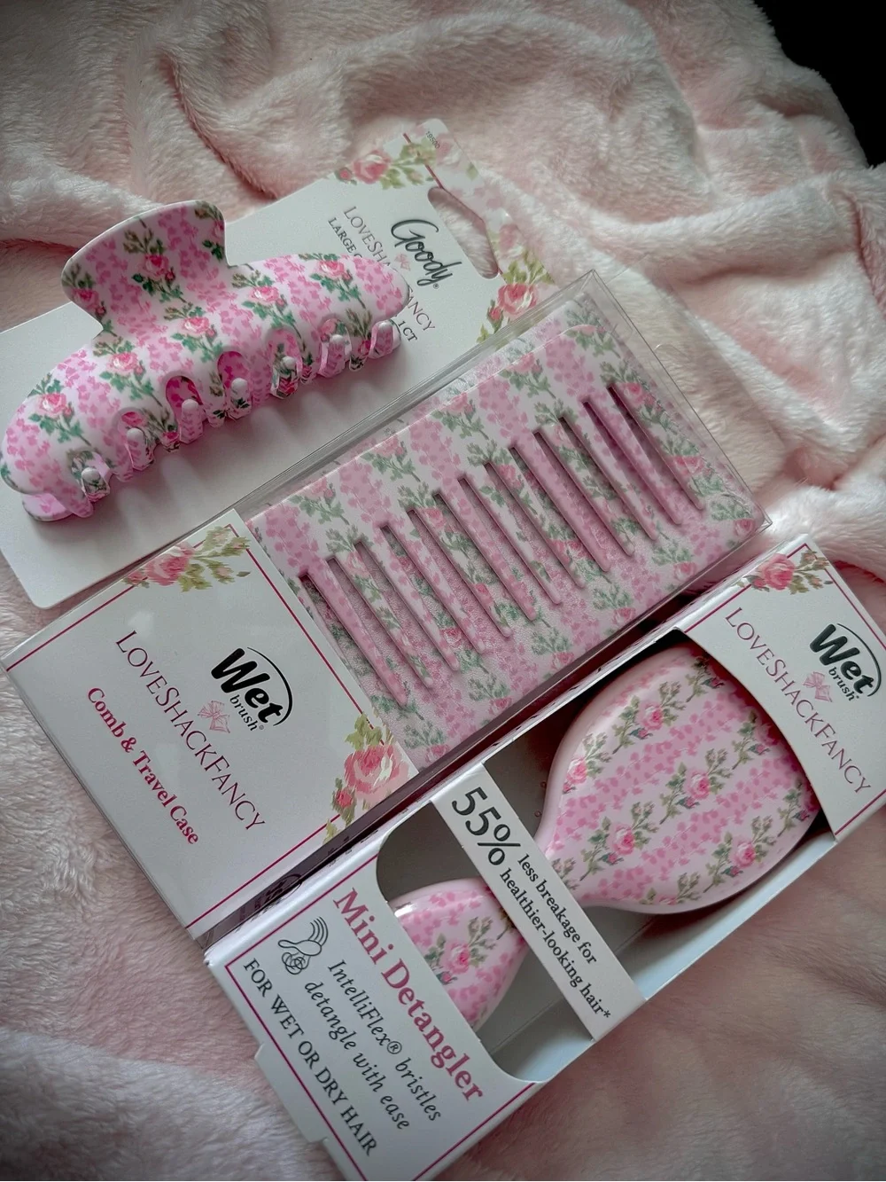 LoveShackFancy Pink Floral Hair Brush, Hair Clip & Mini Detangler Set🎀🌸